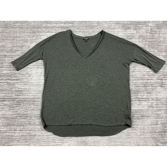 Express Tops - Express Top Womens L Olive Green V-Neck 3/4 Sleeve Marled Relaxed Knit Pullover